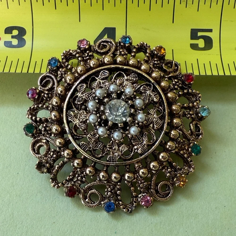 Vintage and Unique Large Gold Brooch with Multicolor Gems